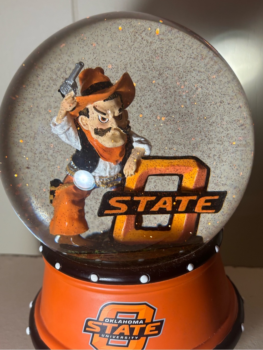 Oklahoma State University Orange Cowboy Snow Globe